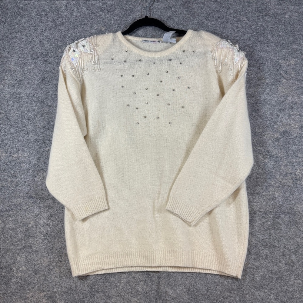 Vintage Rino Rossi Ivory Angora Blend Beaded Knit Sweater Size M Vintage Chic - Picture 2 of 16